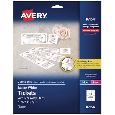Avery Dennison Printable Tickets, 8.5x11, 20 Sheets, PK200 16154